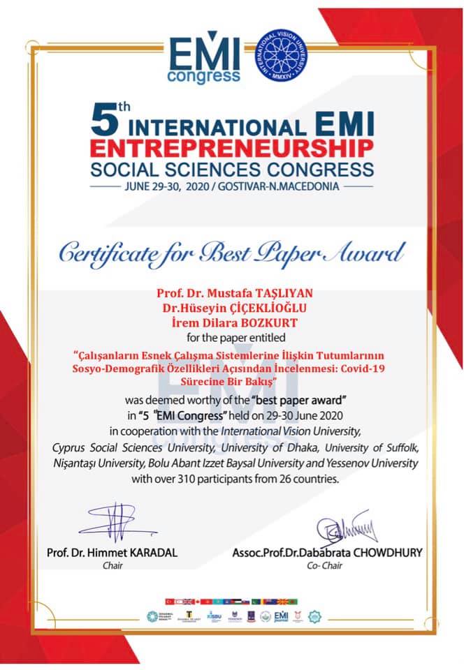 KSÜ İİBF Dekanı Prof. Dr. Mustafa Taşlıyan, Öğr. Gör. Dr. Hüseyin Çiçeklioğlu ve Yüksek Lisans Öğrencisi İrem Dilara Bozkurt’un Covid-19 Sürecine İlişkin Araştırması Ödüle Layık Görüldü